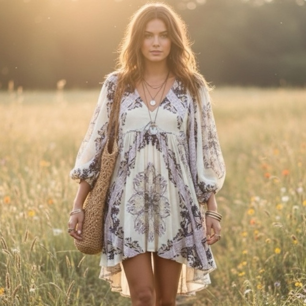Free People Girl Talk Babydoll Tunic Ivory Boho Flowy Top Size S